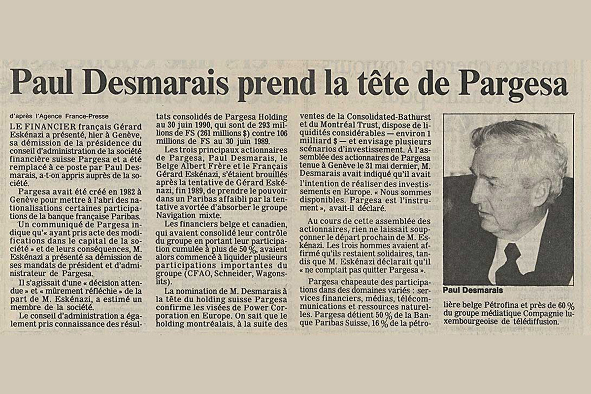 Coupure de presse : Paul Desmarais prend la tête de Pargesa