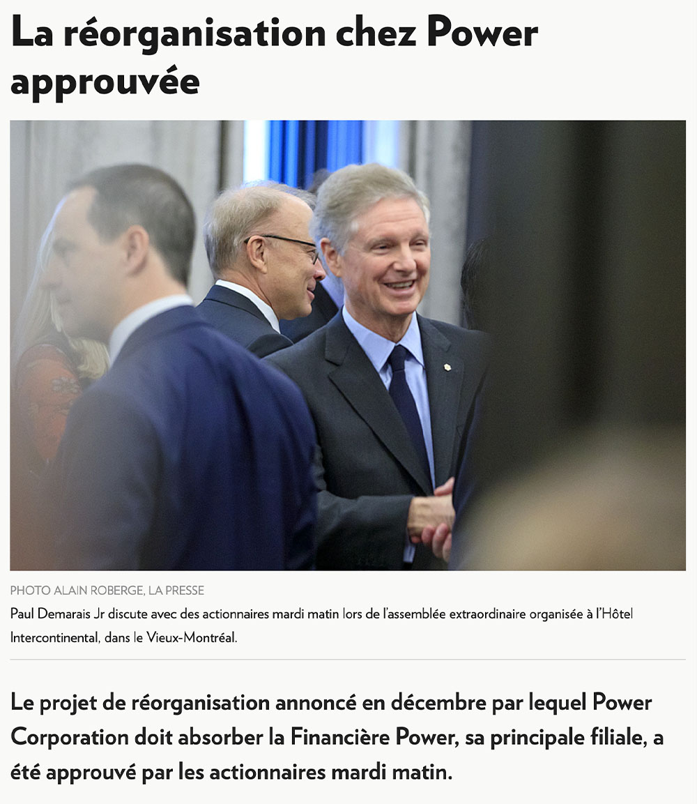 News website clipping: (in french) La réorganisation chez Power approuvée